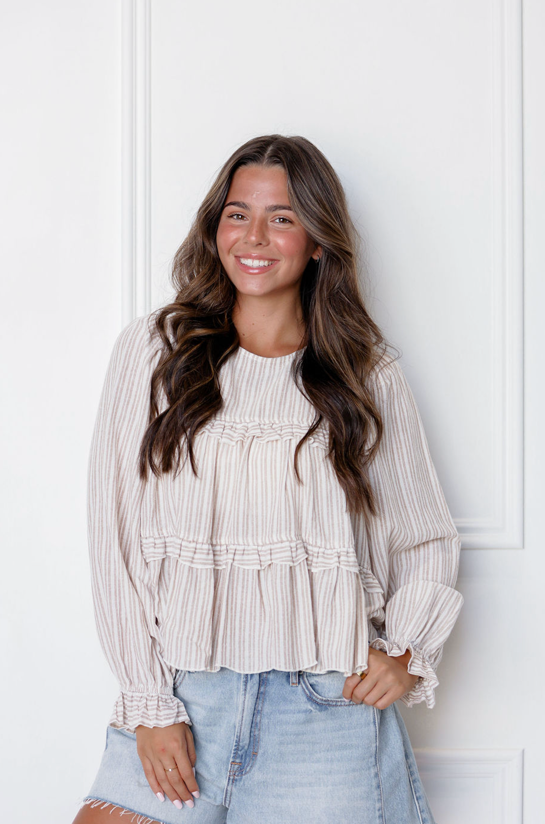 Stripe Ruffle Tier Blouse Tan