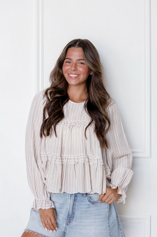 Stripe Ruffle Tier Blouse Tan