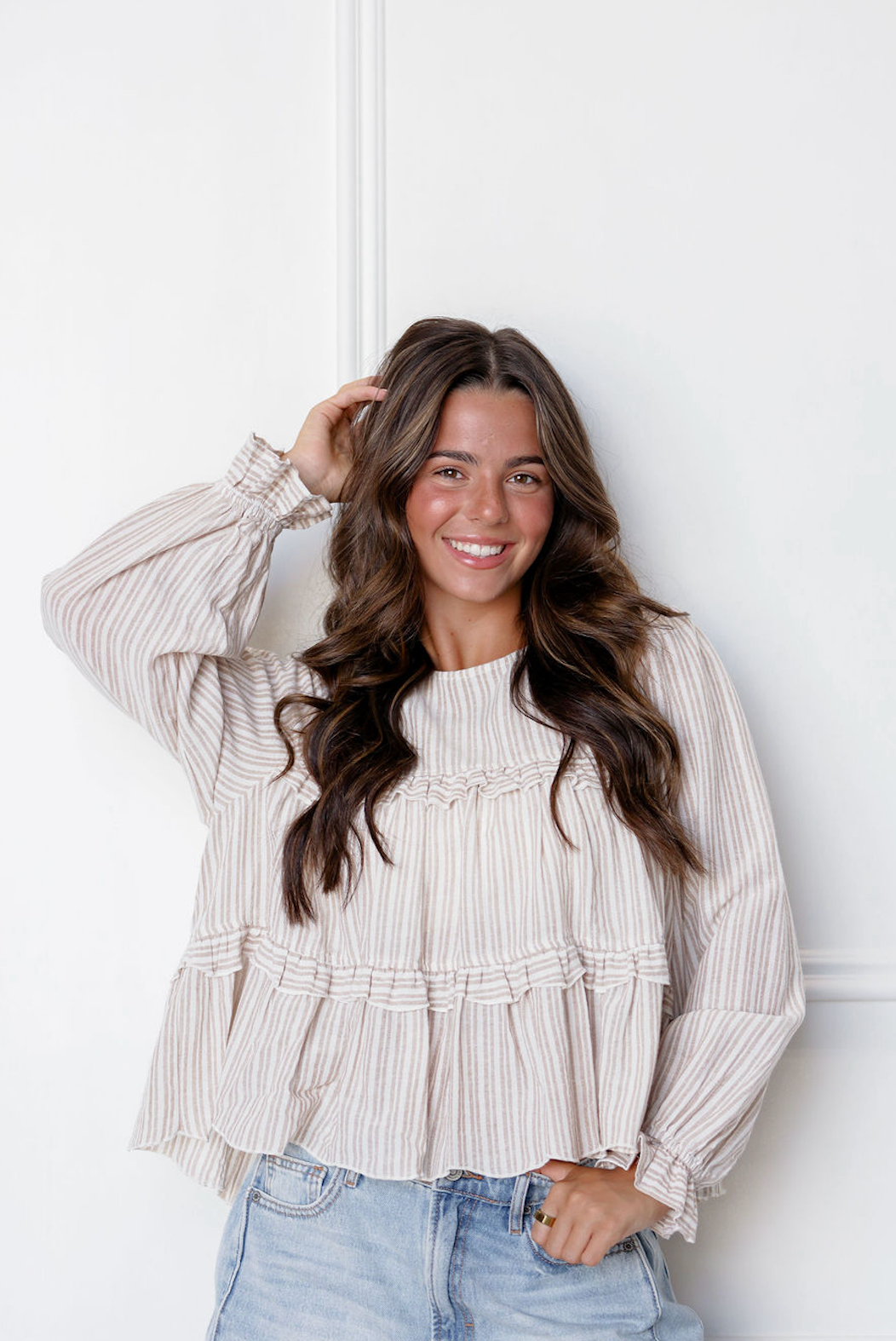 Stripe Ruffle Tier Blouse Tan