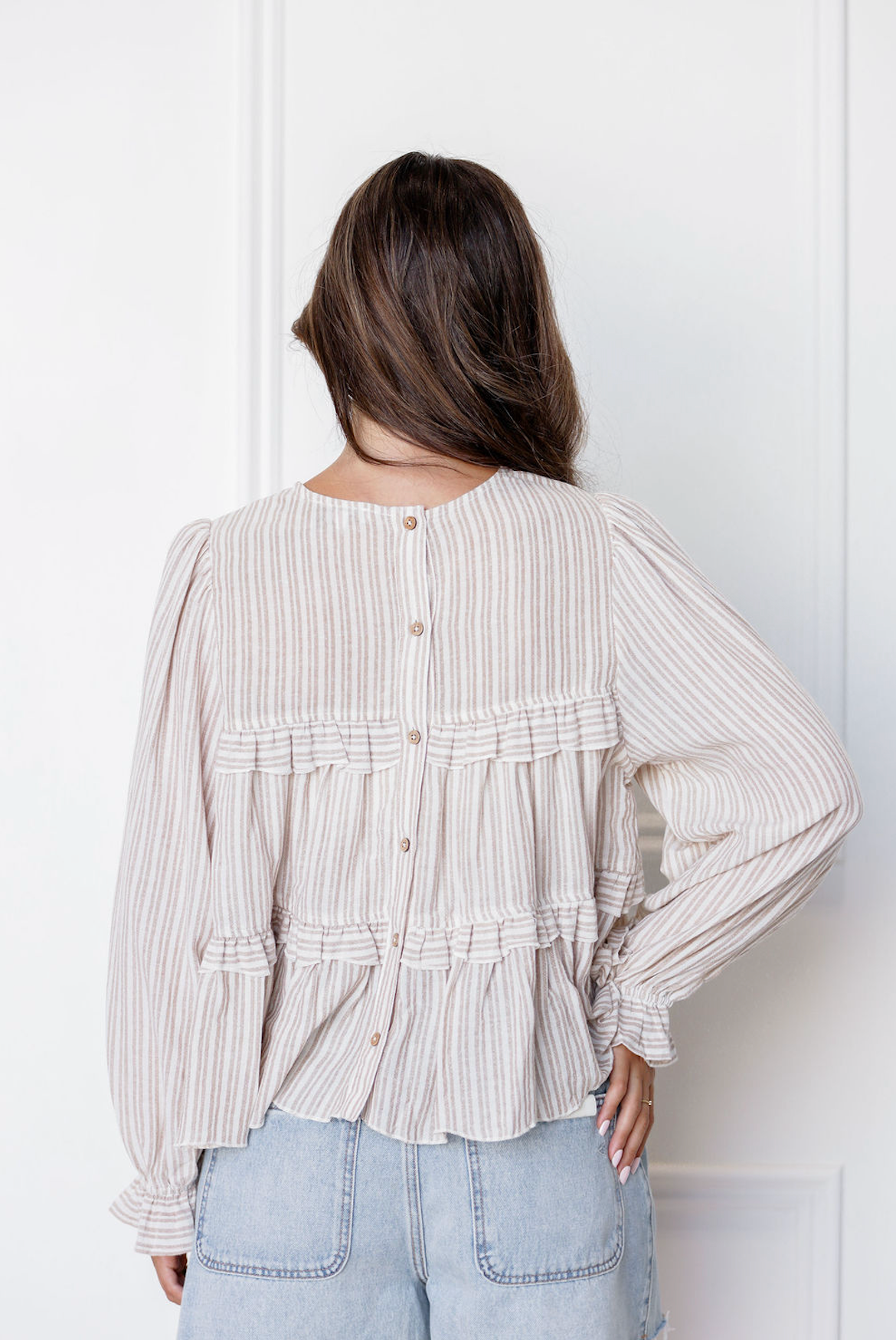 Stripe Ruffle Tier Blouse Tan