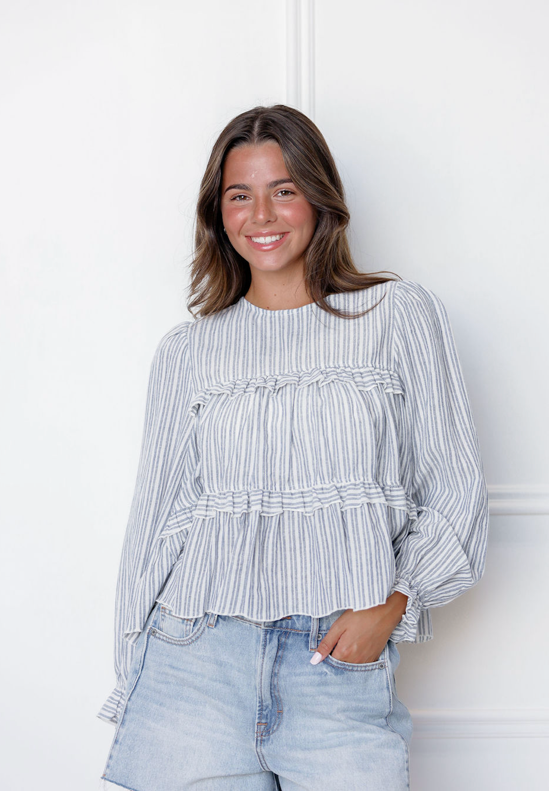 Stripe Ruffle Tier Blouse Blue