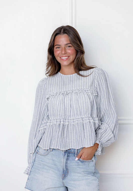 Stripe Ruffle Tier Blouse Blue