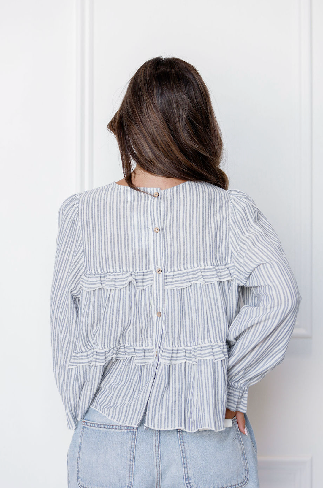 Stripe Ruffle Tier Blouse Blue