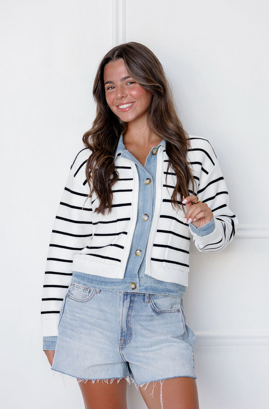 Stripe Knit & Denim Cardigan