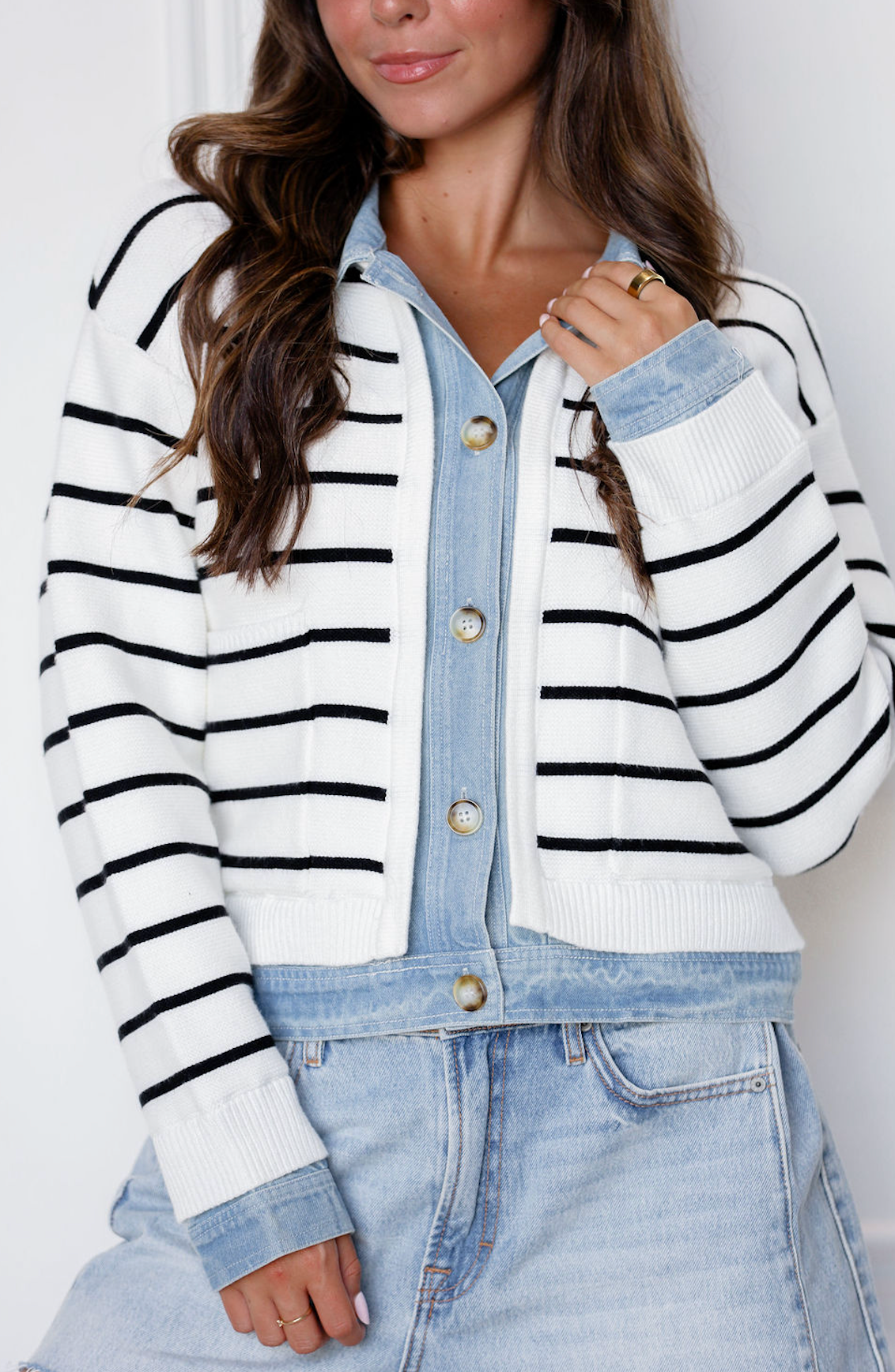 Stripe Knit & Denim Cardigan