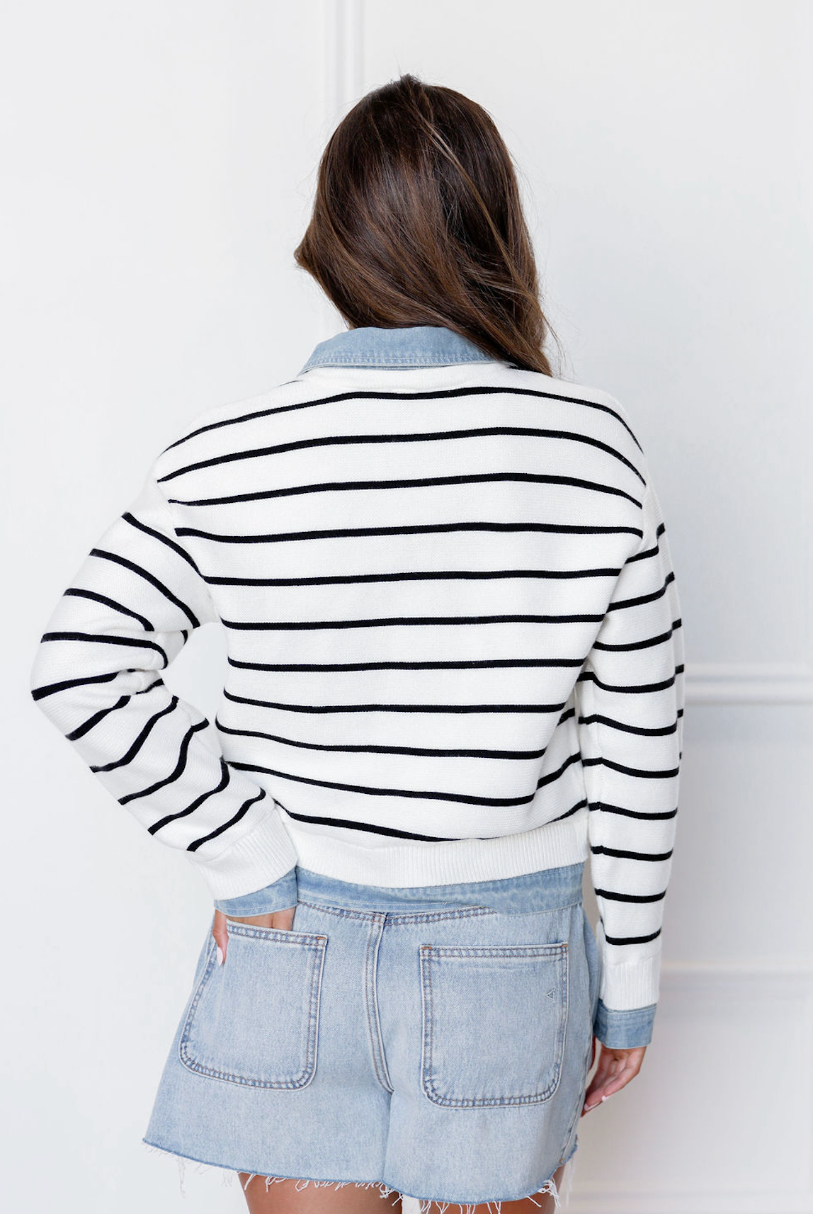 Stripe Knit & Denim Cardigan