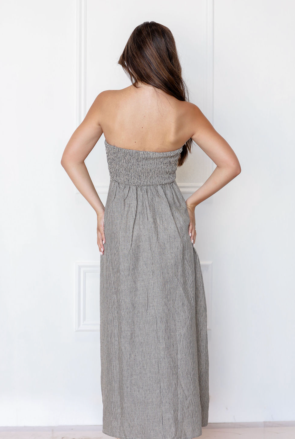 Taupe Strapless Stripe Linen Dress