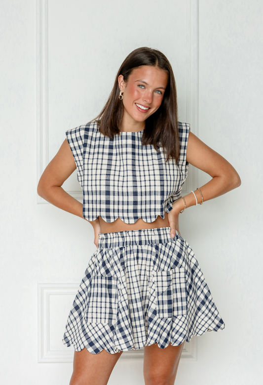 Navy Plaid Scallop Skirt Set of 2