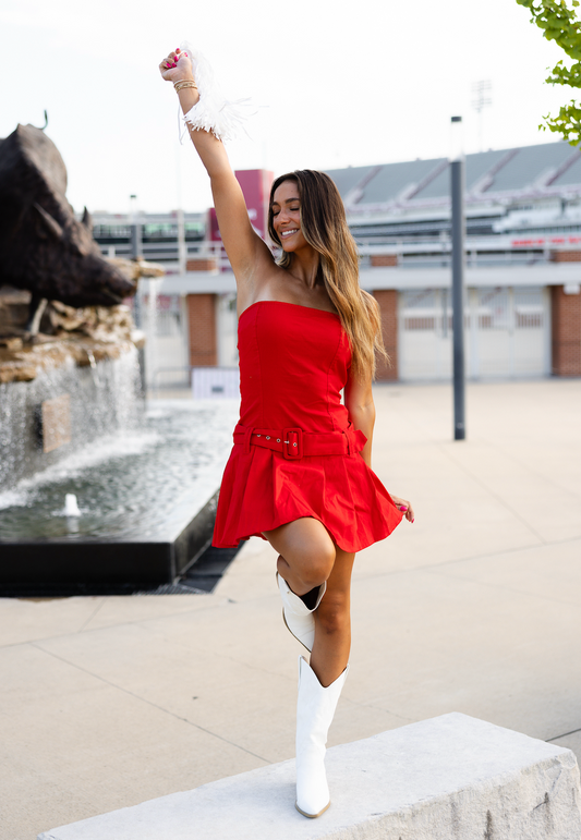Red Belted Strapless Dress