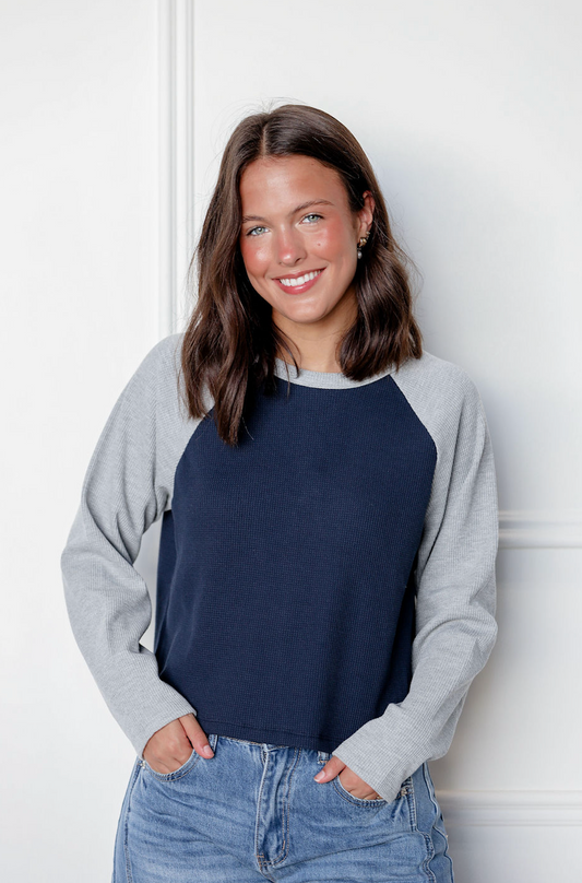 Navy/Grey Color Block Waffle Top