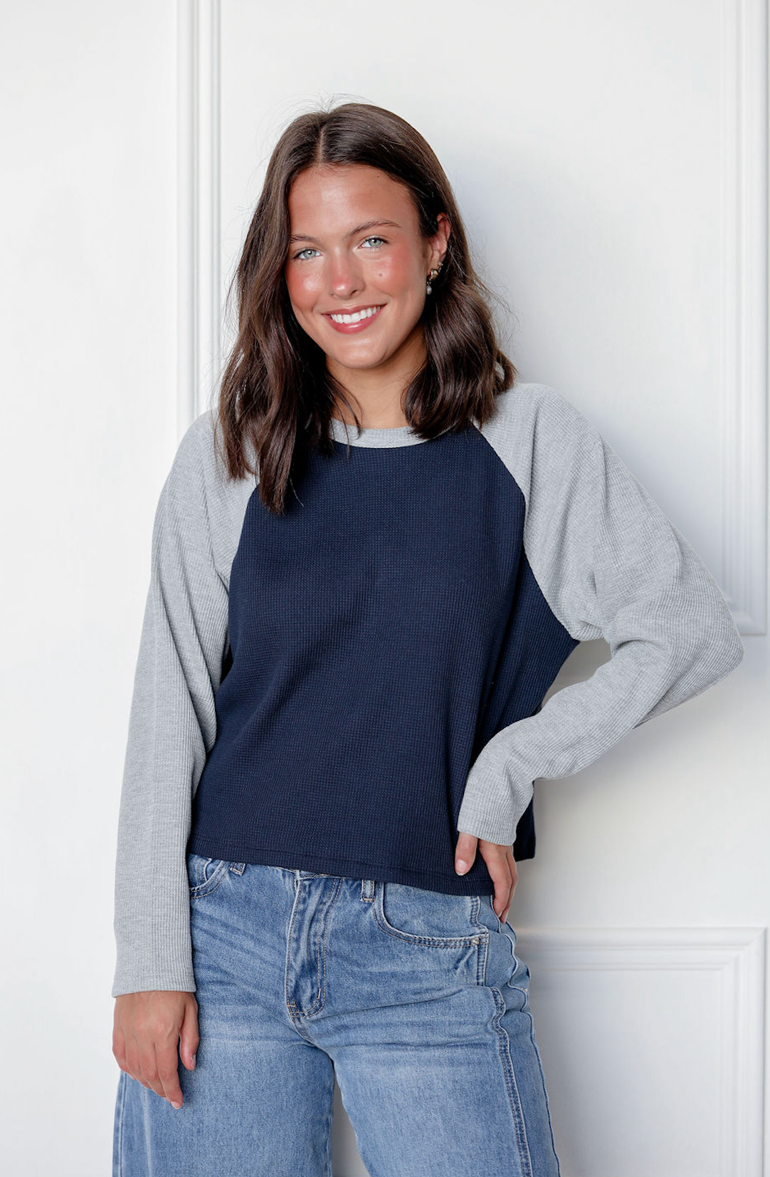 Navy/Grey Color Block Waffle Top