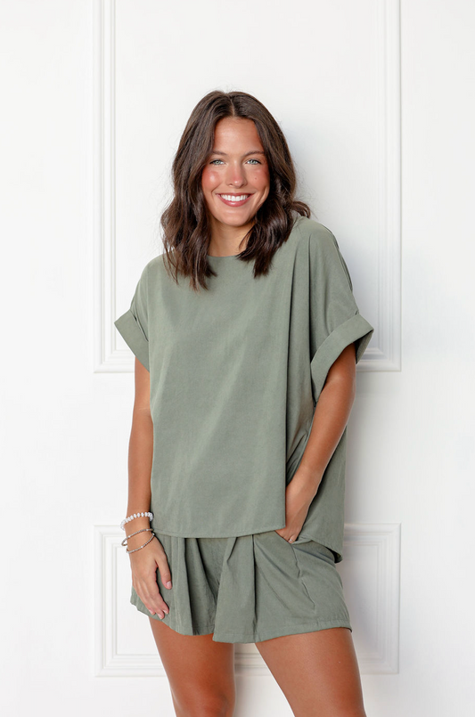 Olive Short Sleeve Top & Shorts Set Of 2