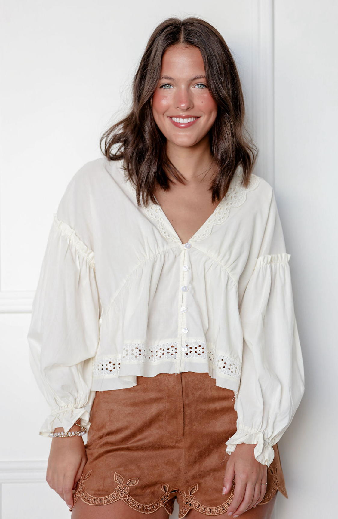 Long Sleeve Eyelet Blouse Ivory