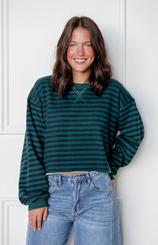 Green/Navy Cropped Stripe Pullover