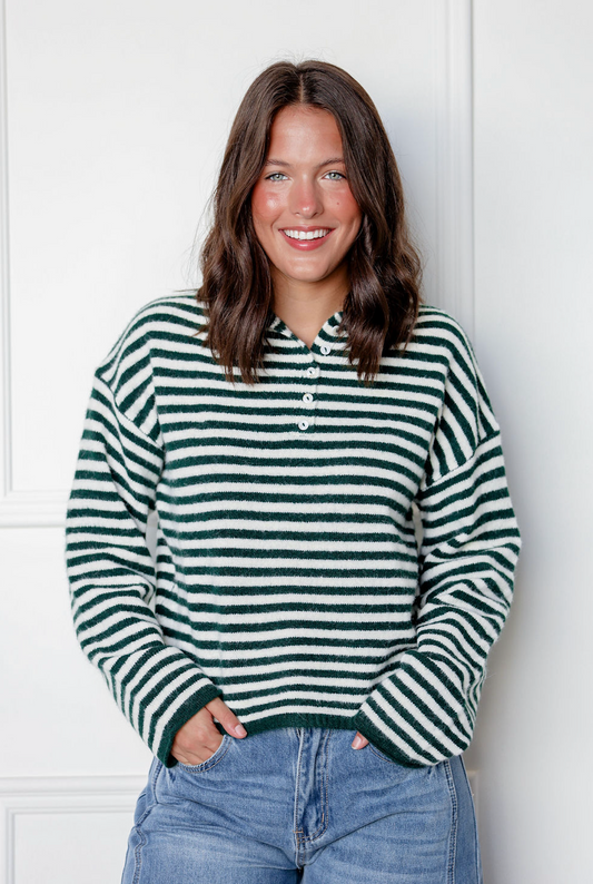 Striped Henley Sweater Forest