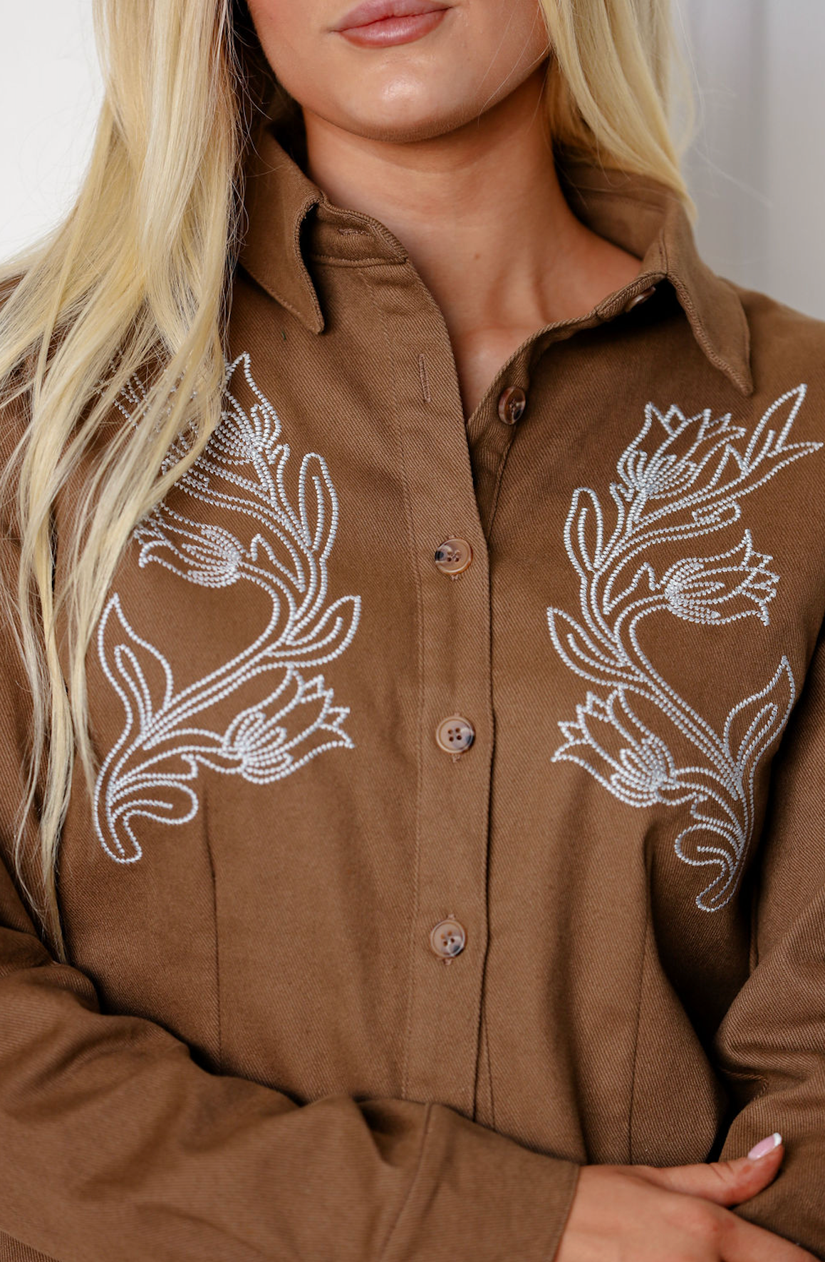 Brown Embroidered Button Down Top
