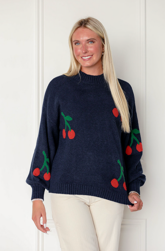 Cherries Sweater Top Navy