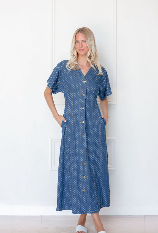 Denim Polka Dot Midi Dress