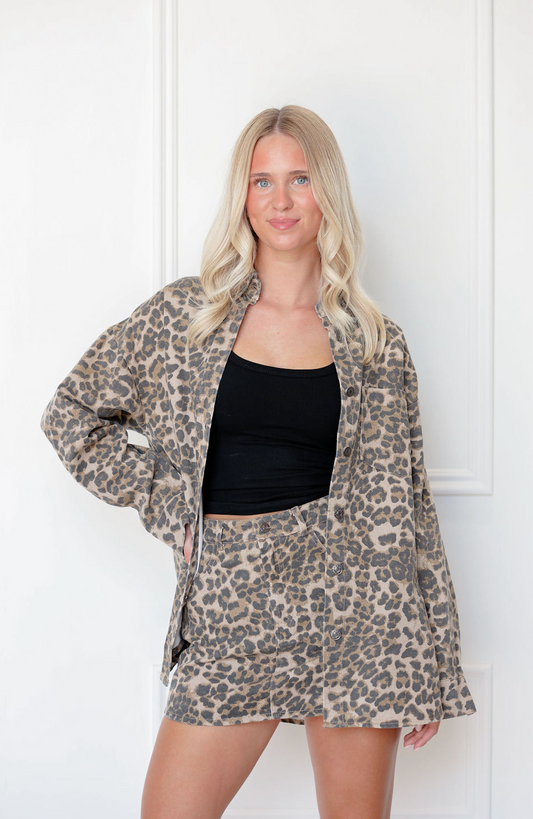Leopard Denim Oversized Shirt & Skirt Set Of 2