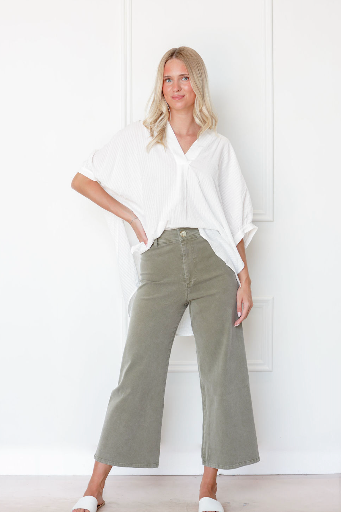 Wide Leg Stretch Pants Olive