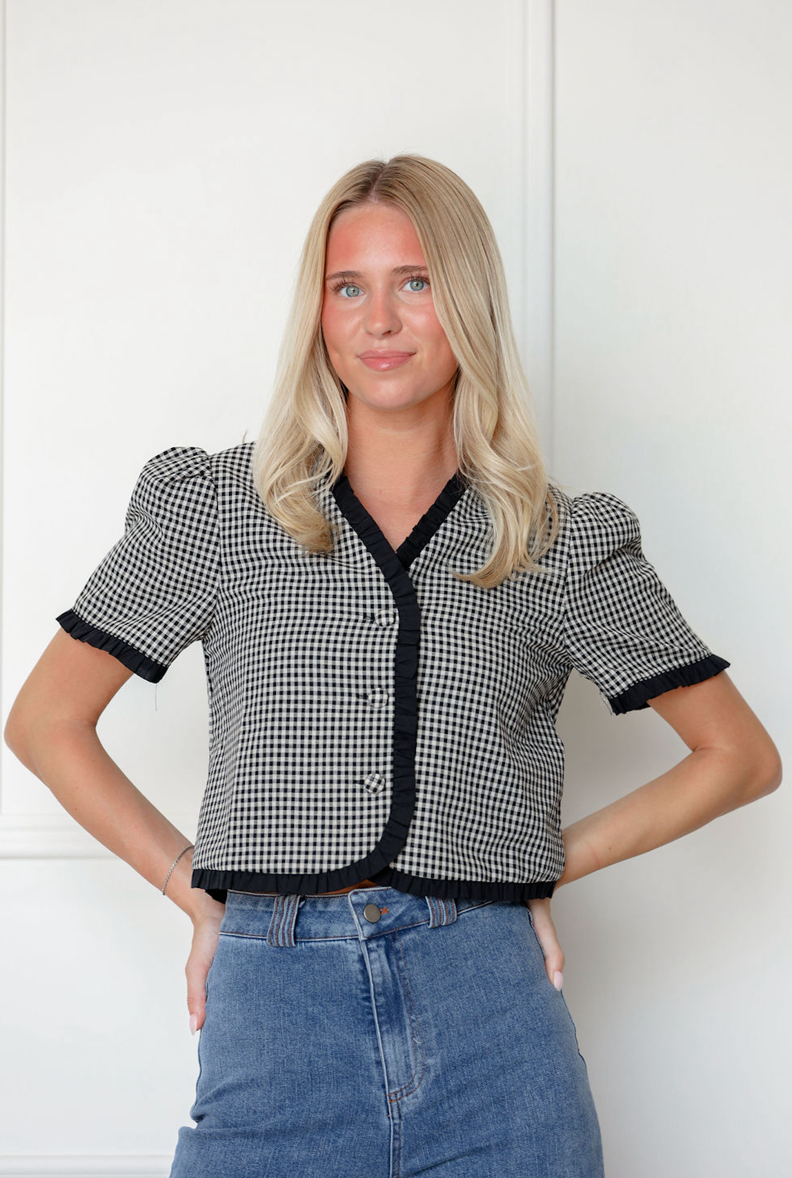 Black Checker Ruffle Button Top