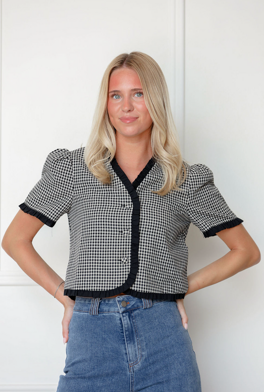 Black Checker Ruffle Button Top