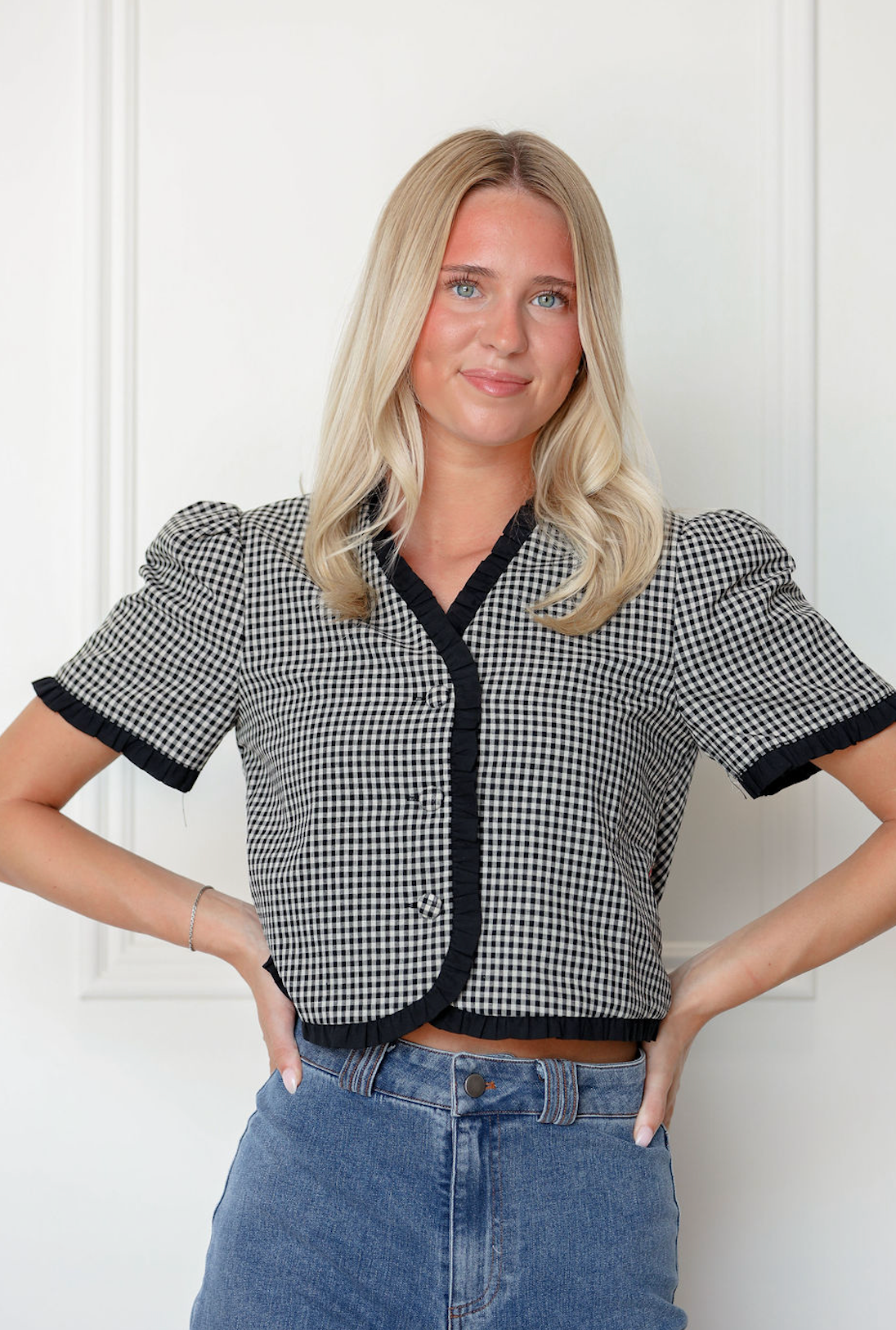 Black Checker Ruffle Button Top