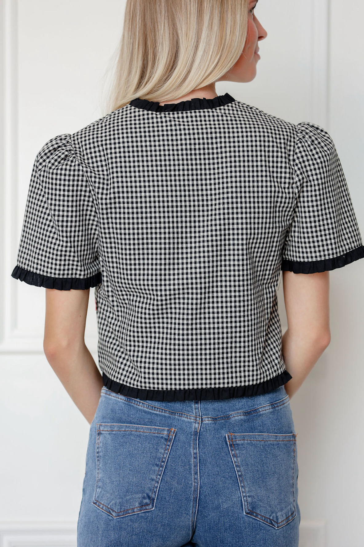 Black Checker Ruffle Button Top