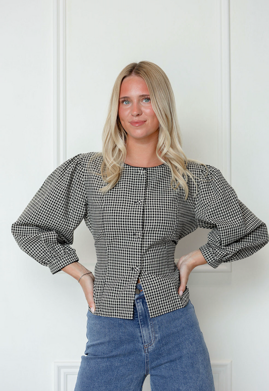 Black Checker Tied Waist Top