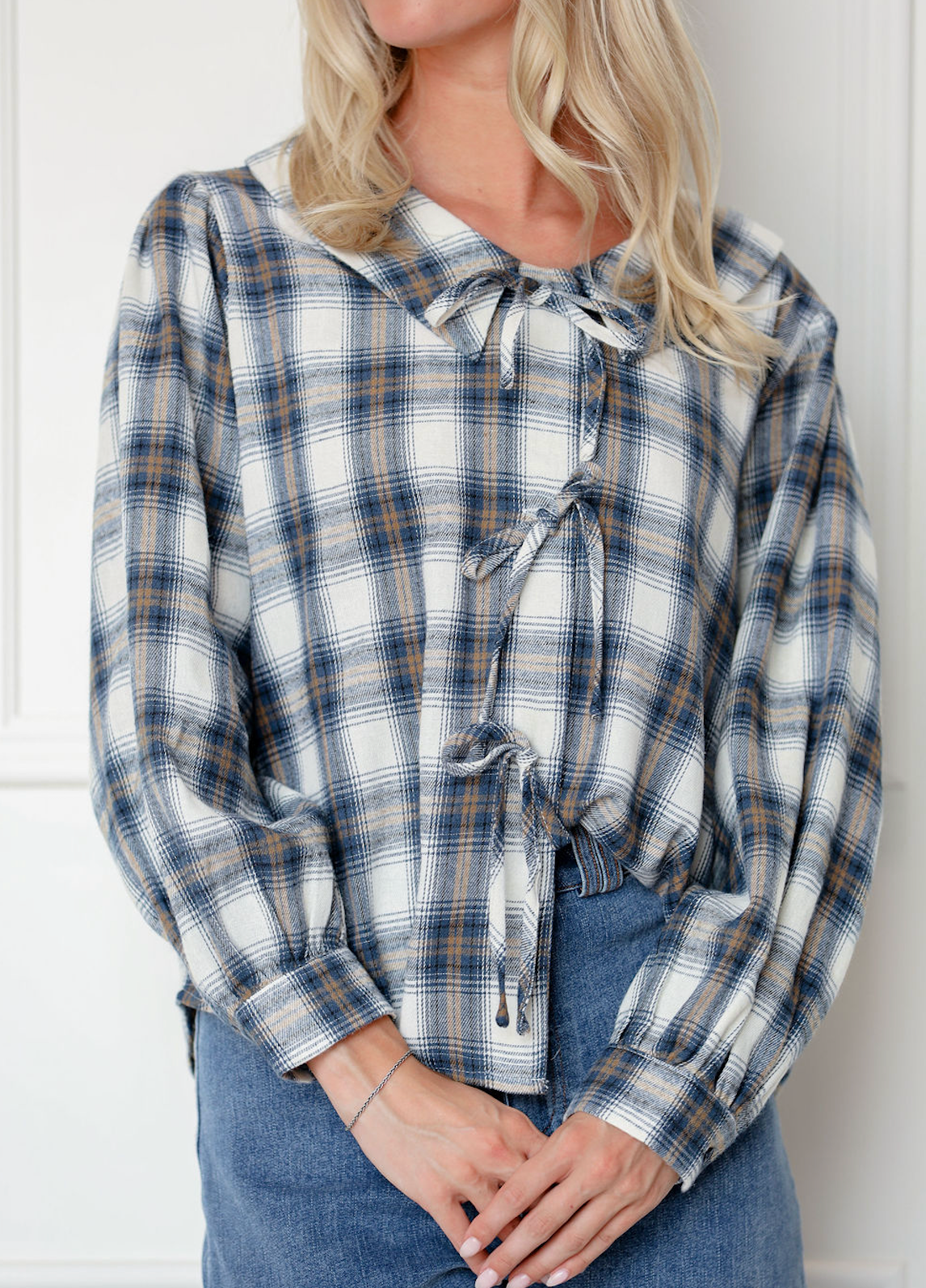 Plaid Peter Pan Collar Front Ties Top