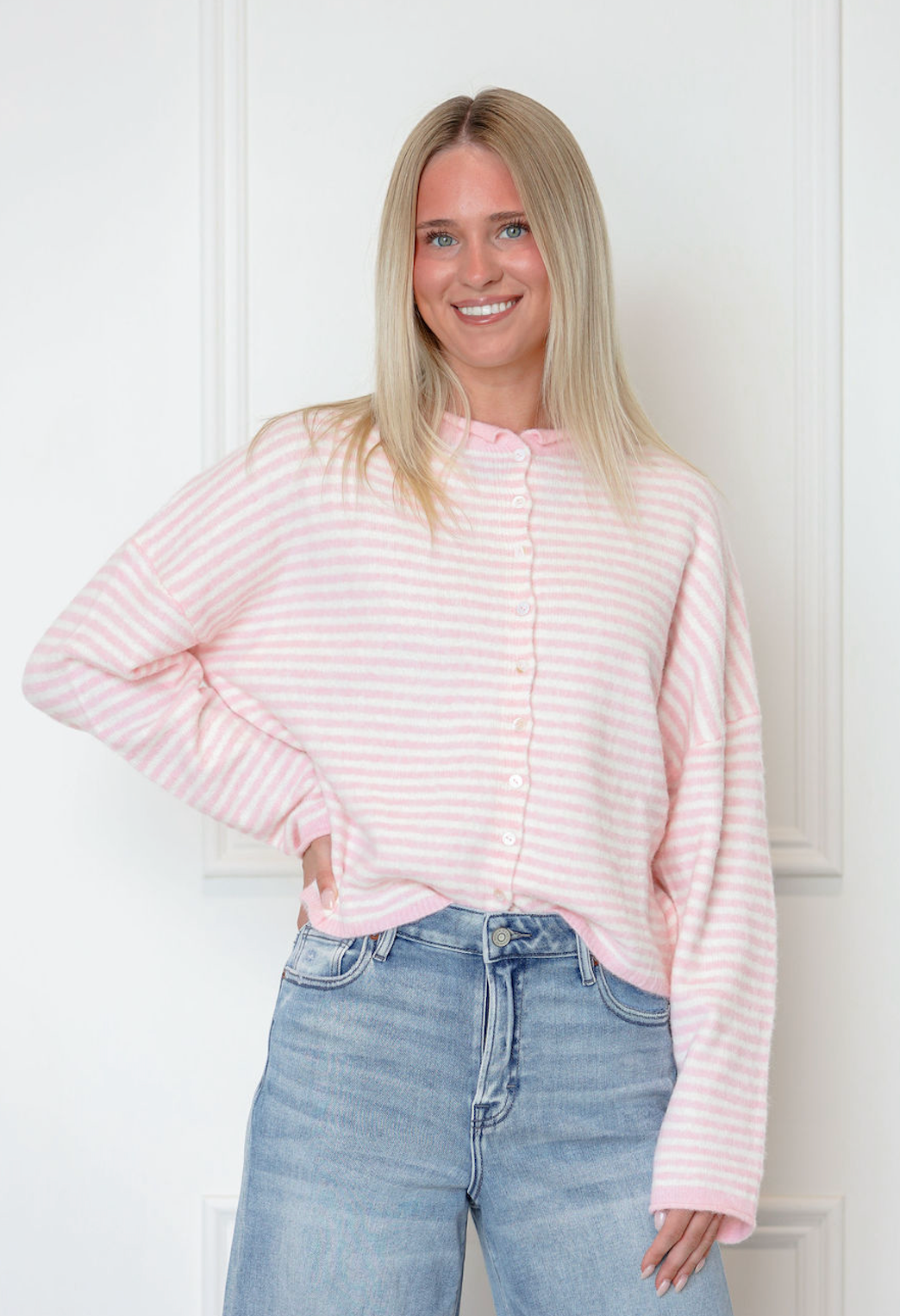 Button Down Cardi Pink Stripe