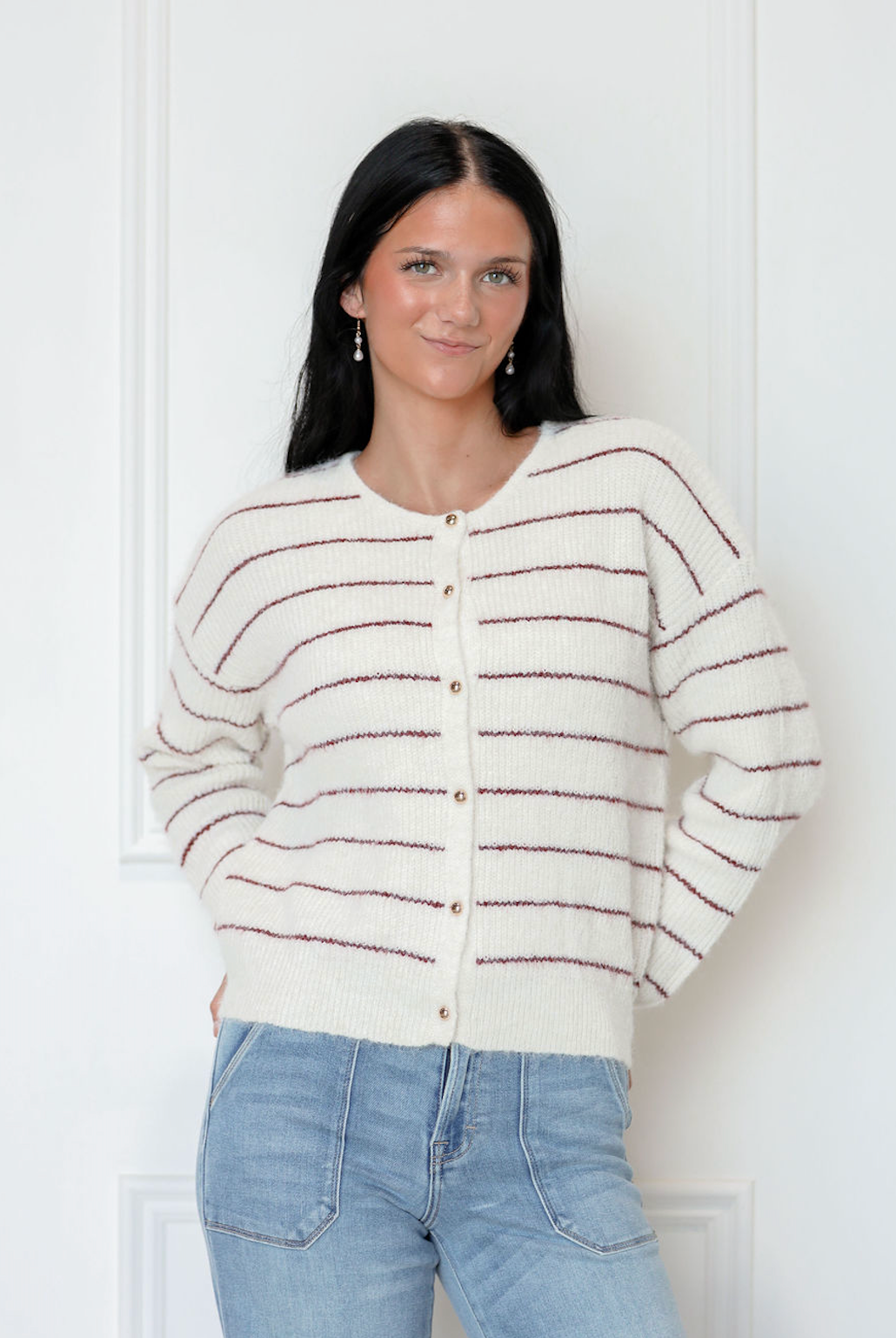 Cream/Burgundy Buttons Sweater Top