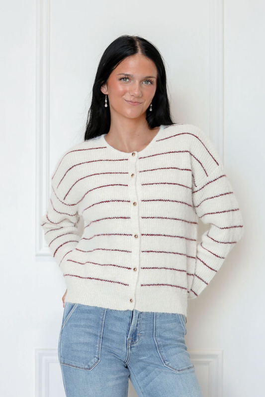 Cream/Burgundy Buttons Sweater Top