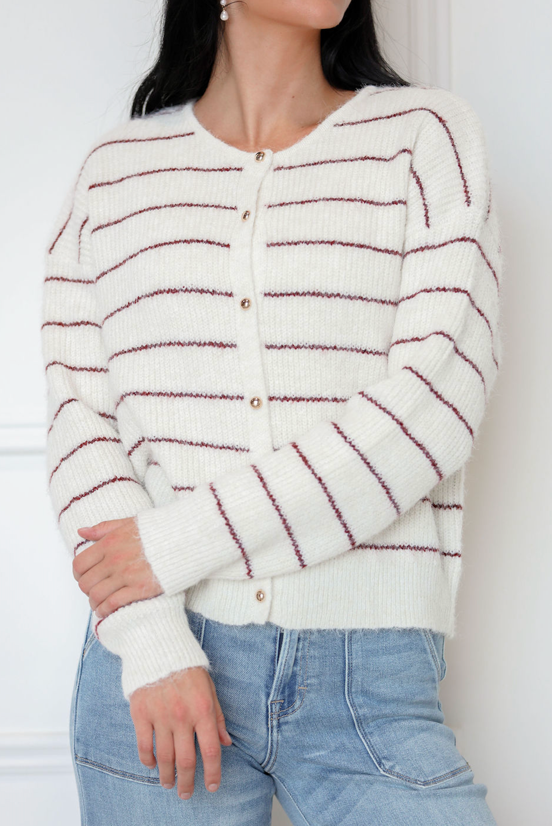 Cream/Burgundy Buttons Sweater Top