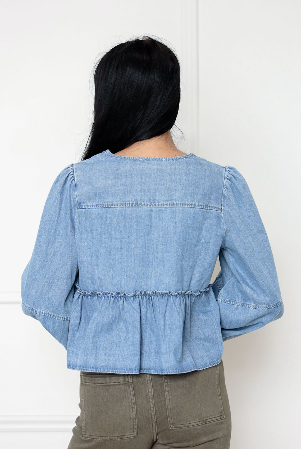 Denim Ruffle Ties Blouse