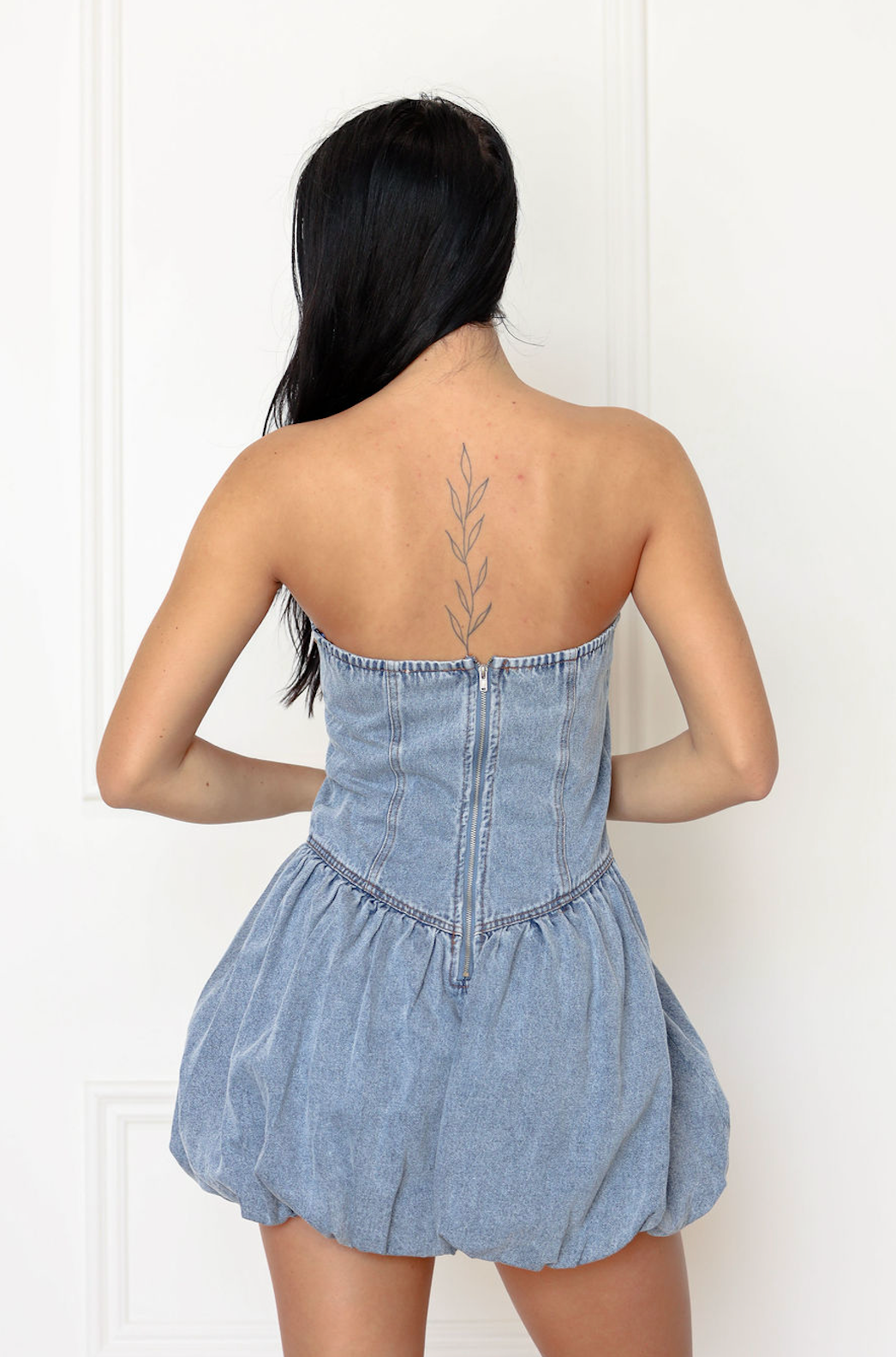 Denim Bubble Hem Strapless Dress