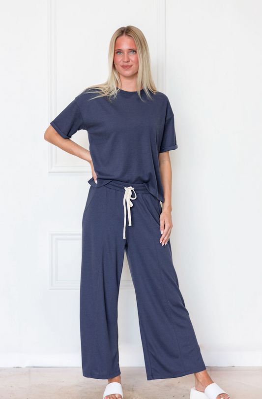 Navy Waffle Knit Pants & Top Set of 2