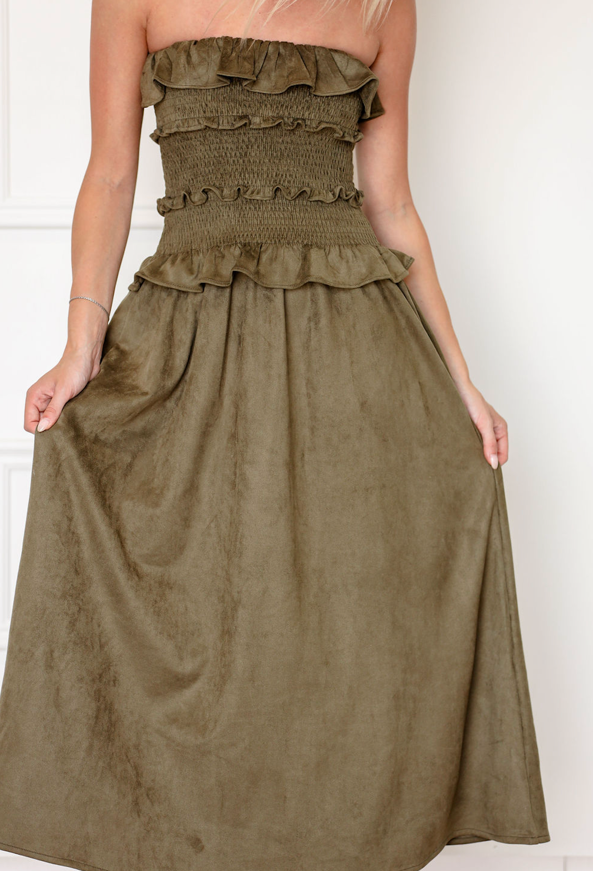 Suede Midi Strapless Dress Olive