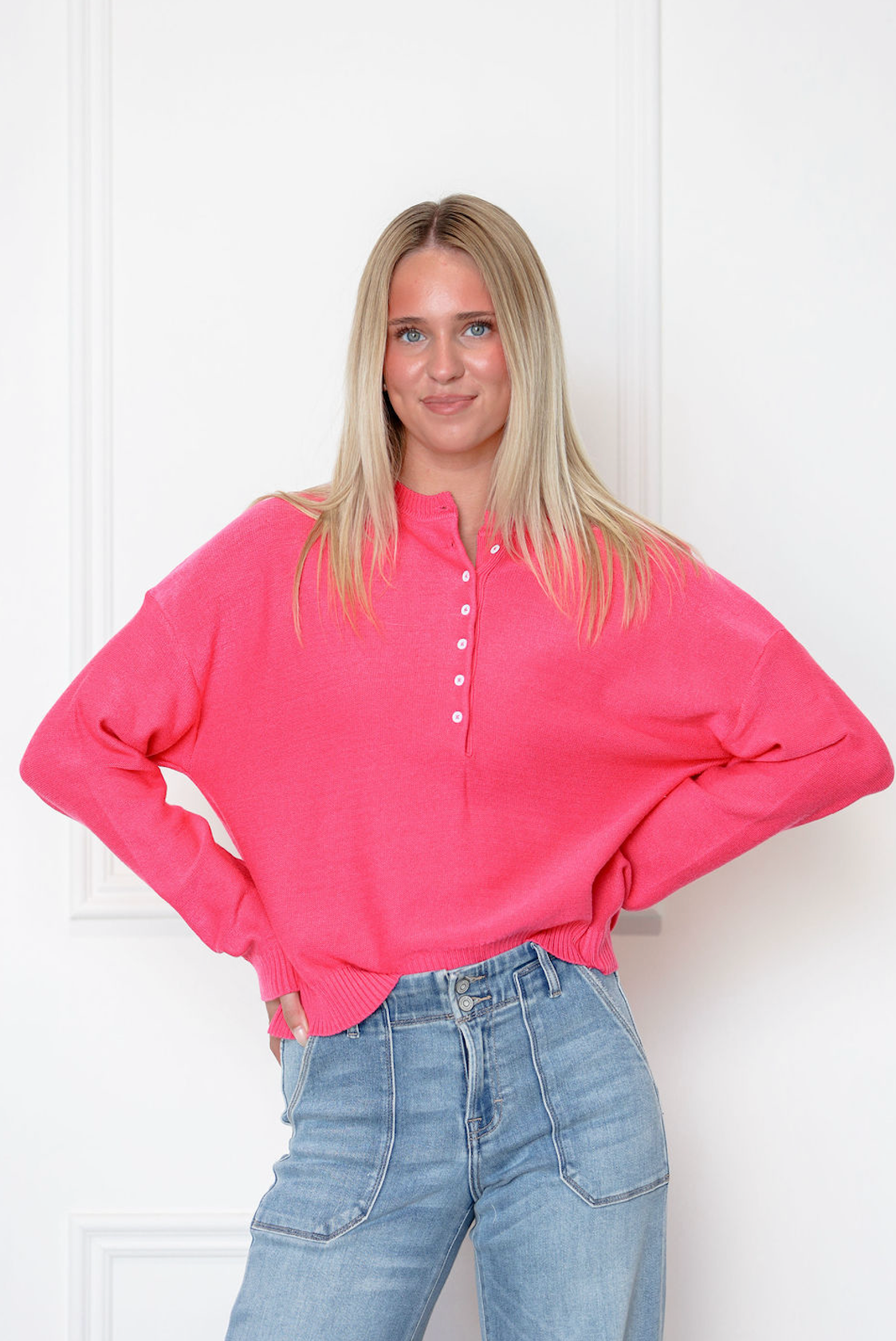 Henley Button Up Sweater Pink