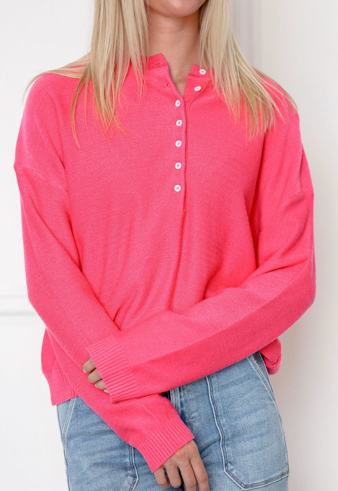 Henley Button Up Sweater Pink