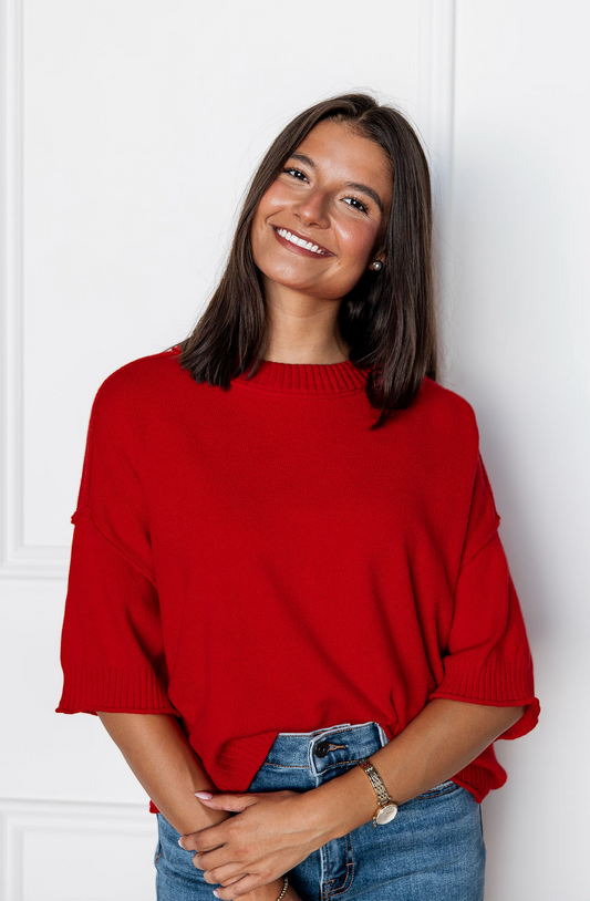 Drop Shoulder Knit Crewneck Red