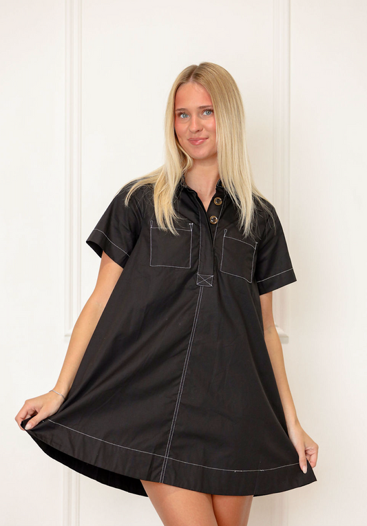 Black Pockets Collared Dress