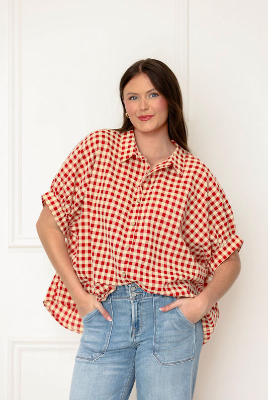 Gingham Check Oversize Shirt Red