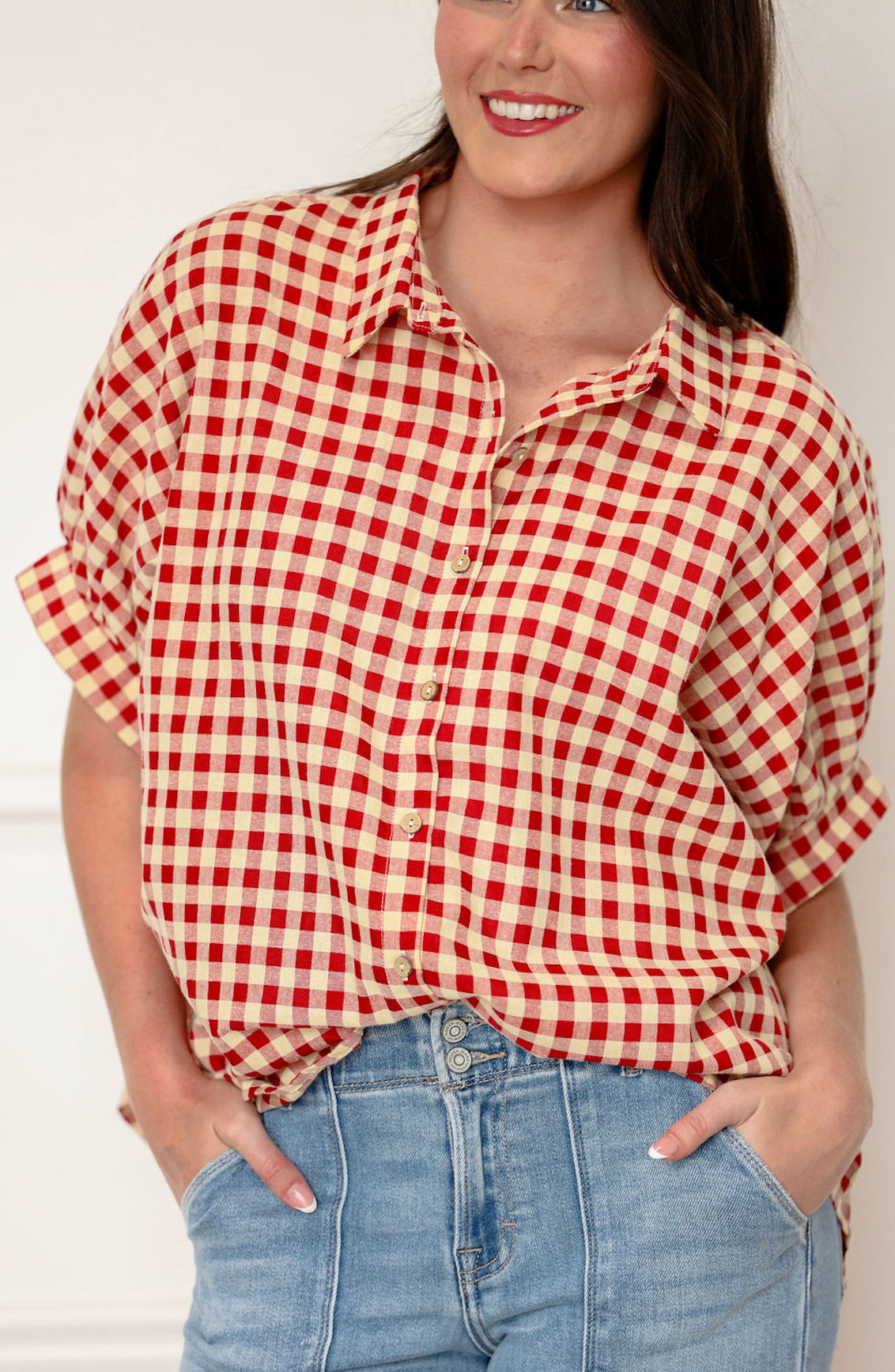 Gingham Check Oversize Shirt Red