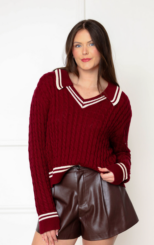 Burgundy Stripe Collared Sweater