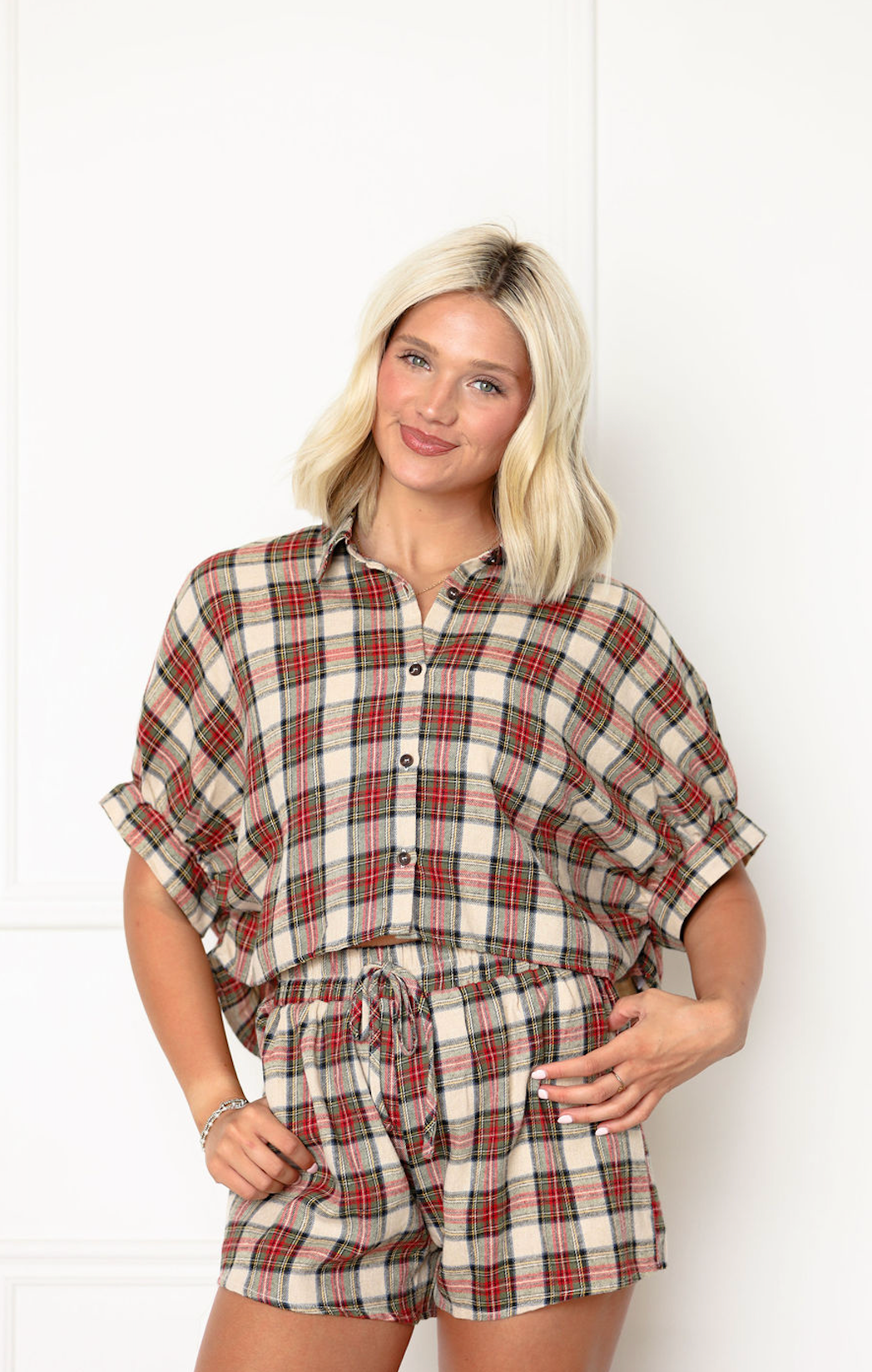 Cropped Plaid Shirt & Shorts Set of 2