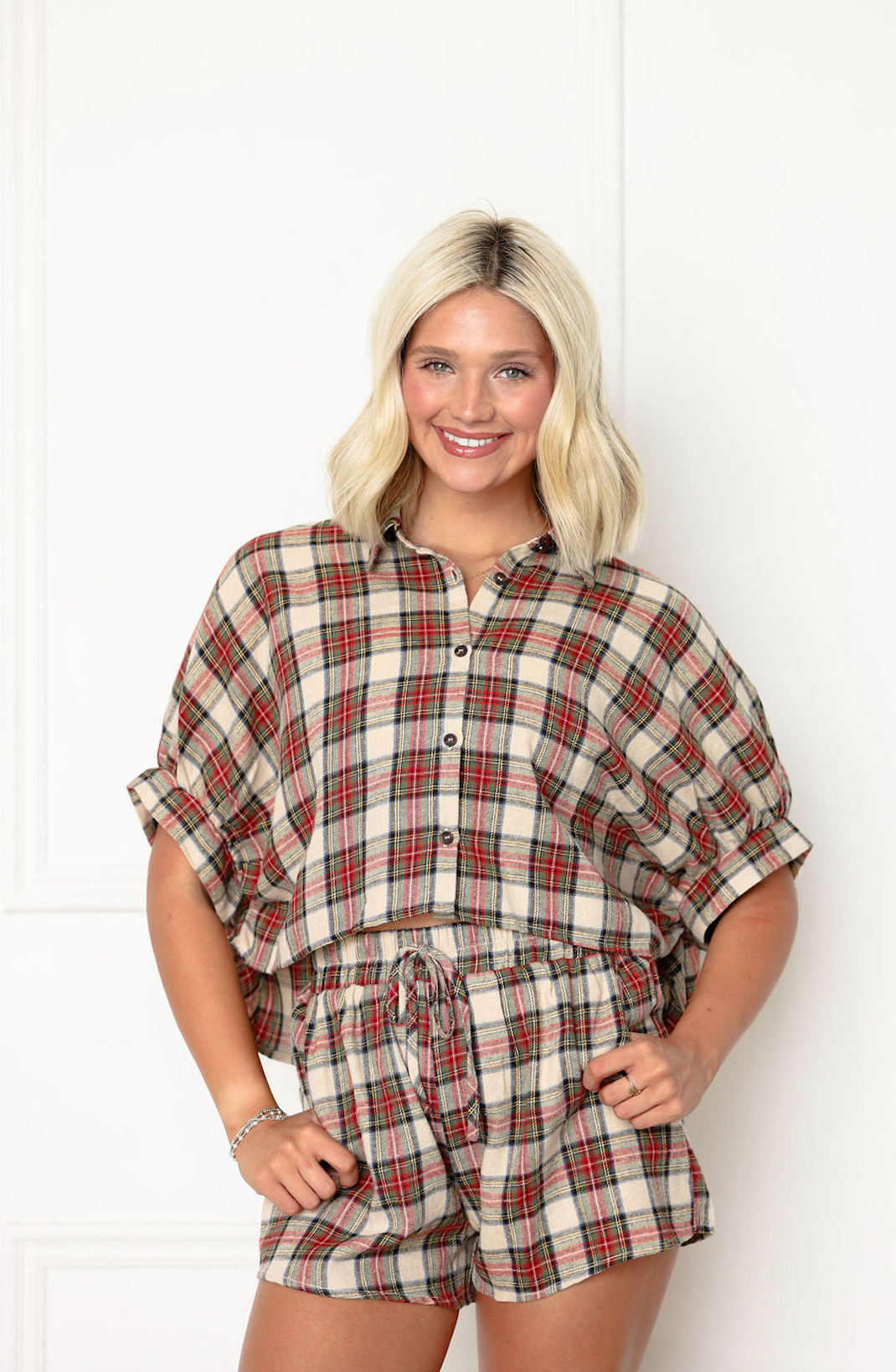 Cropped Plaid Shirt & Shorts Set of 2