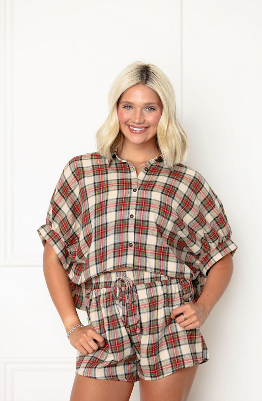 Cropped Plaid Shirt & Shorts Set of 2