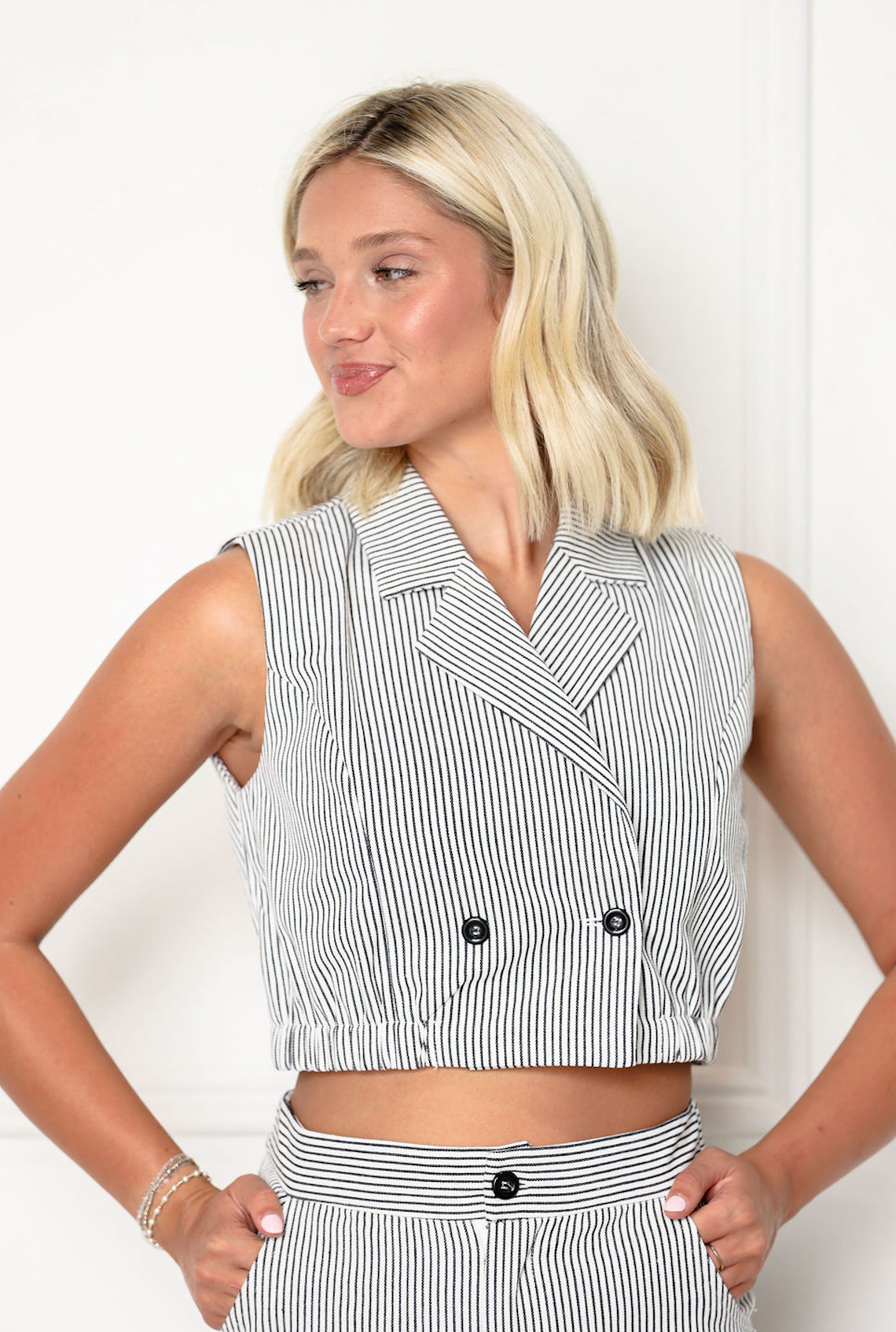 Pinstripe Collared Top & Pants Set of 2