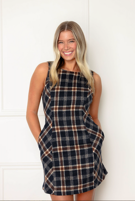 Navy Plaid Pattern Dress
